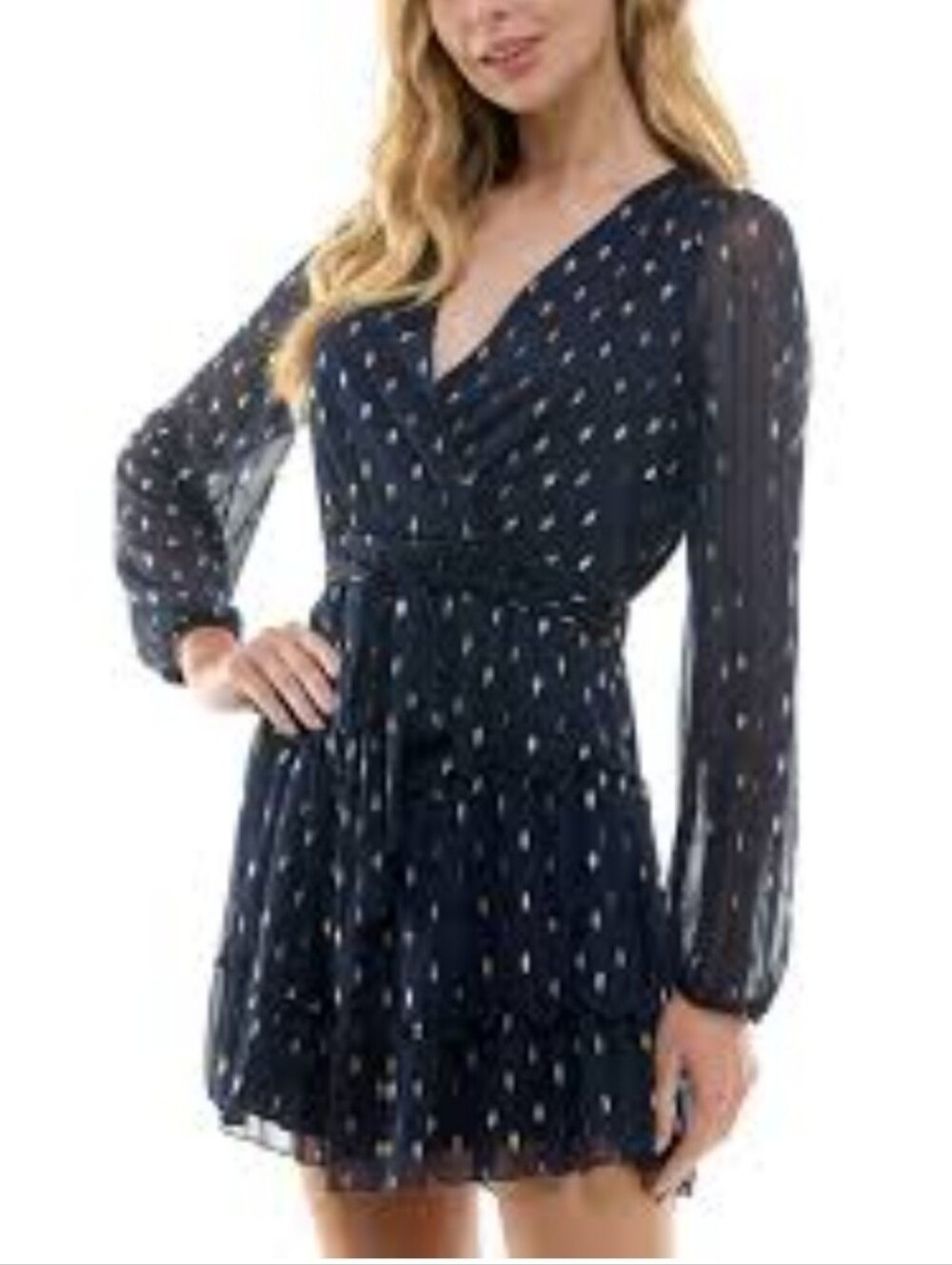 $178 Aqua Women's Blue Metallic Ruffled Clip Dot Elasric Waist Mini Dress Size S